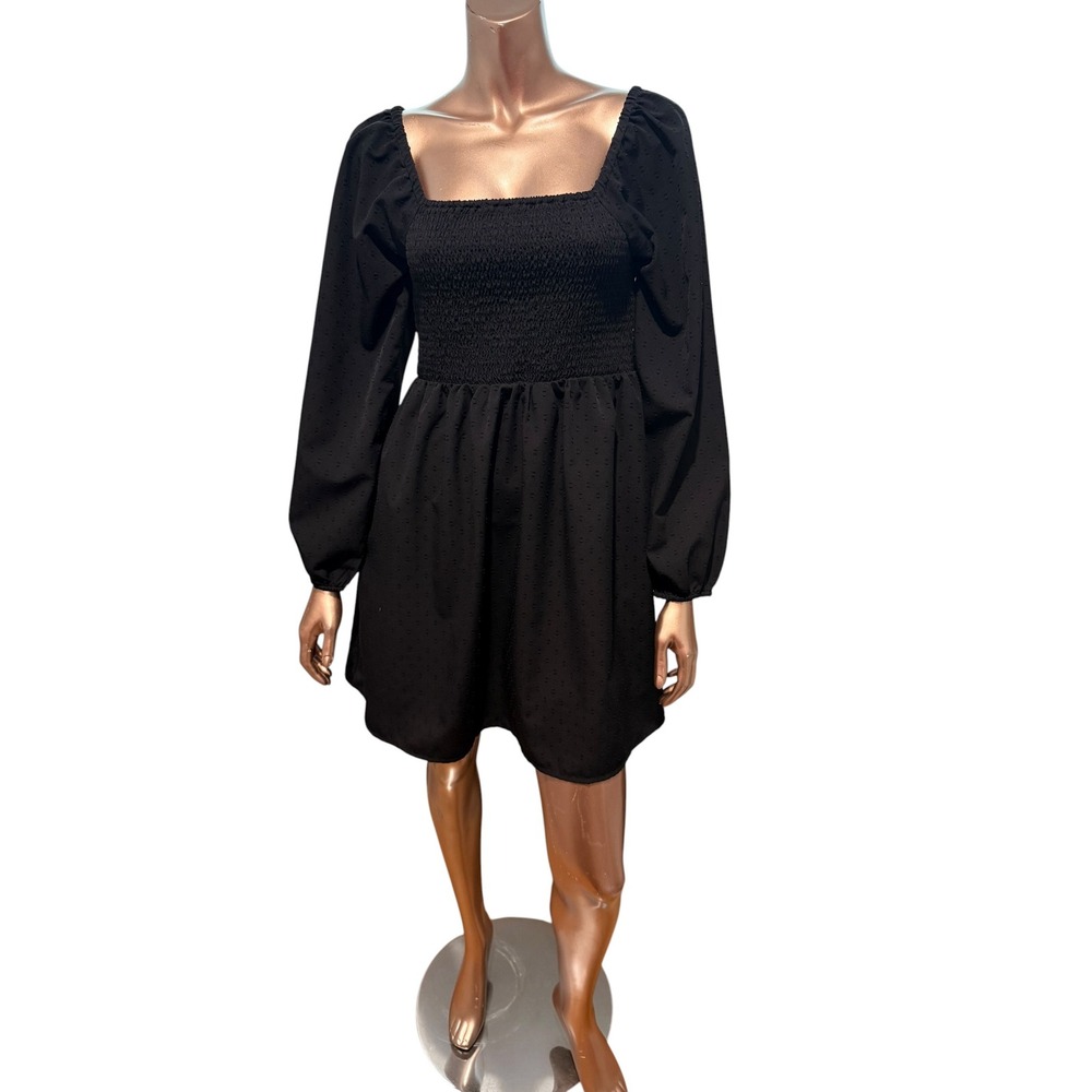 Old Navy Black Clip Dot Smocked Square Neck Fairy Babydoll Mini Dress Cottage/S